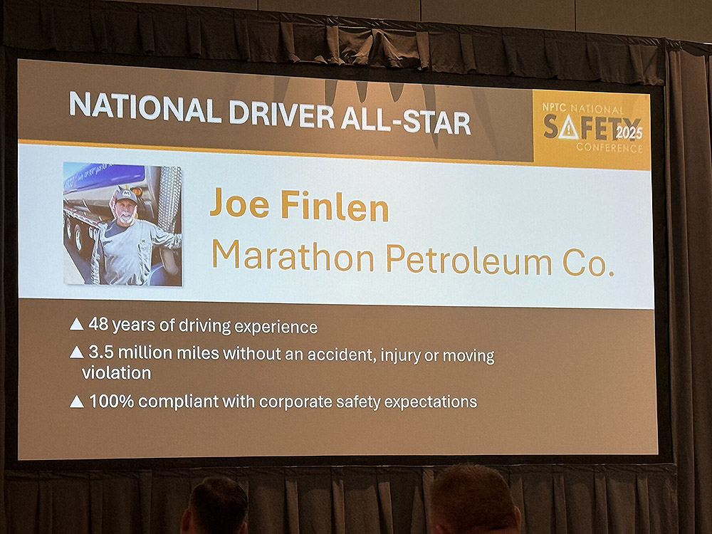 Presentation slide showing Joe Finlen as the National Driver All-Star with 48 years of driving experience, 3.5 million miles without an accident, and 100% compliance with corporate safety expectations.