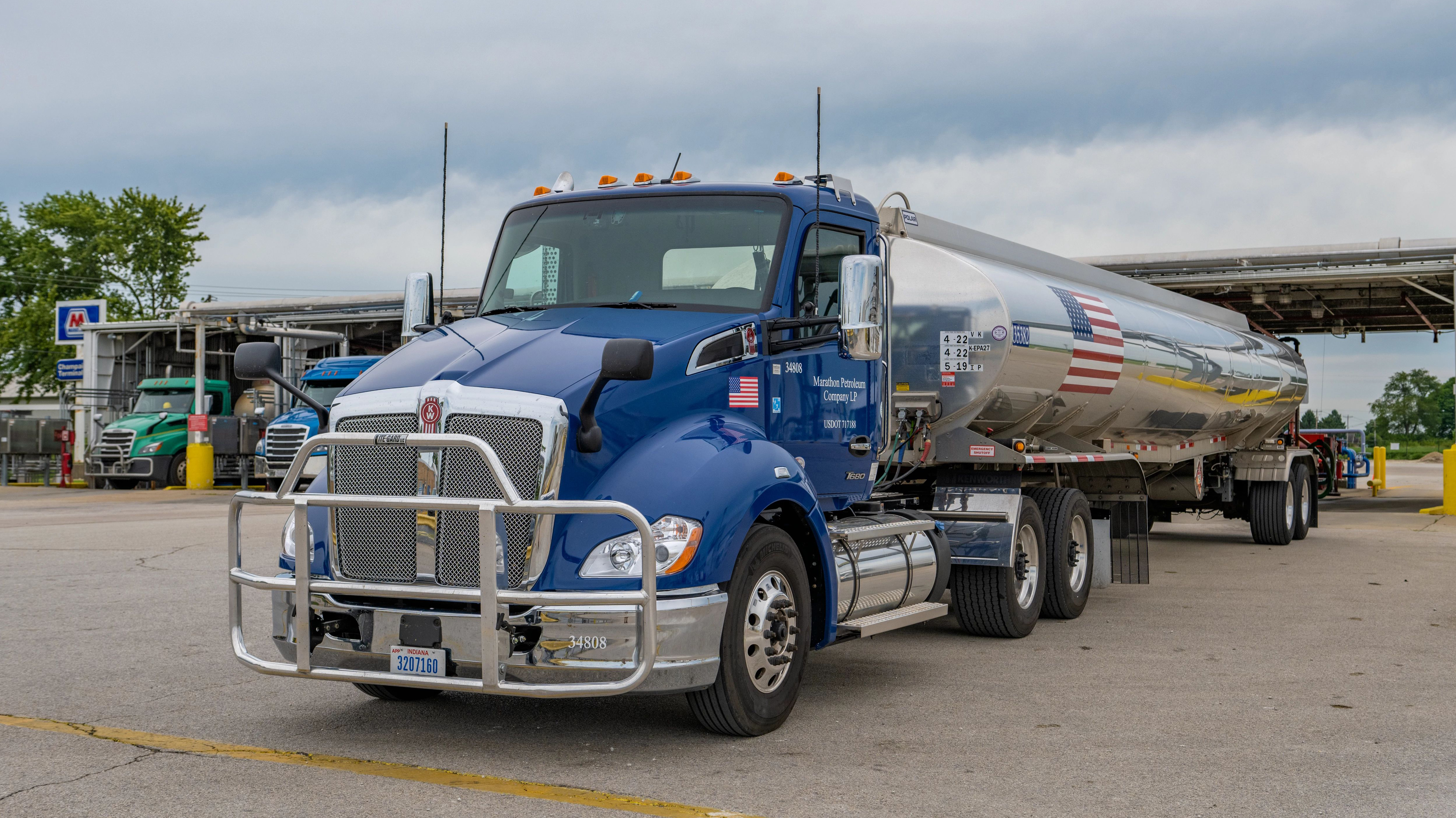 A transport truck parked at a terminal.