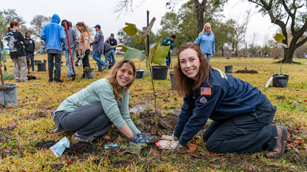 Two employees plant a tree together.