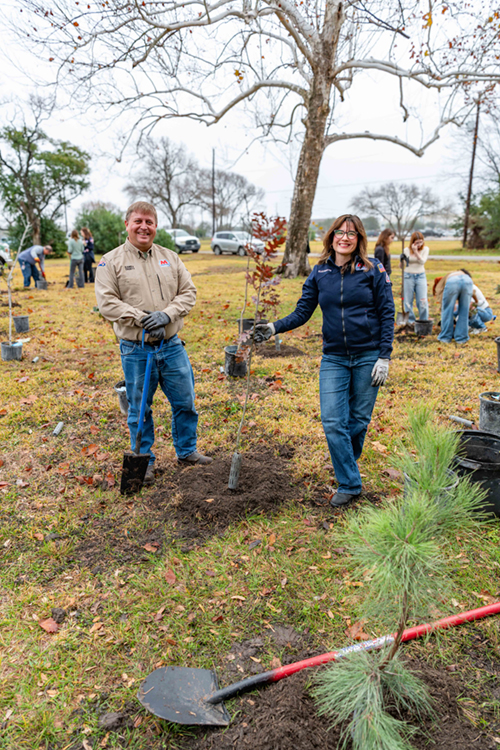 Two people stand next to a freshly planted tree.