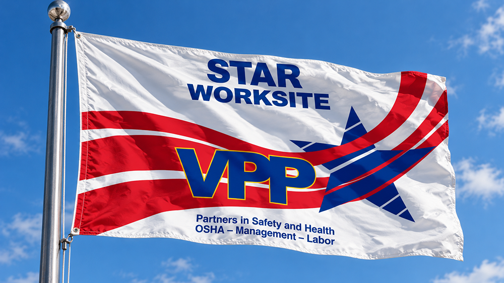 VPP Star Worksite flag flying against a blue sky.
