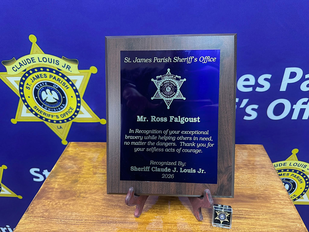 A recognition plaque displayed at the St. James Parish Sheriff&rsquo;s Office.