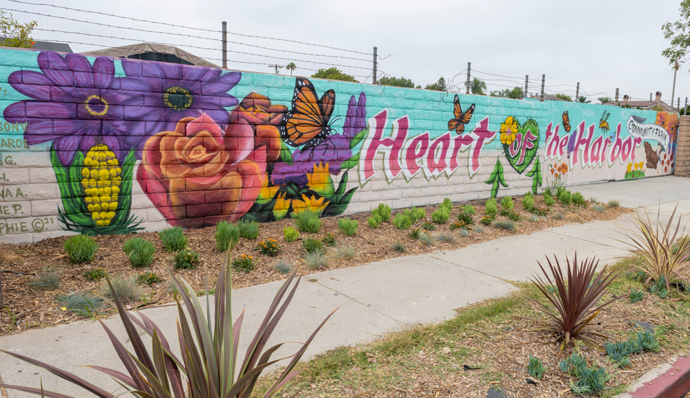 A view from outside the Heart of the Harbor urban farm in Wilmington, California.
