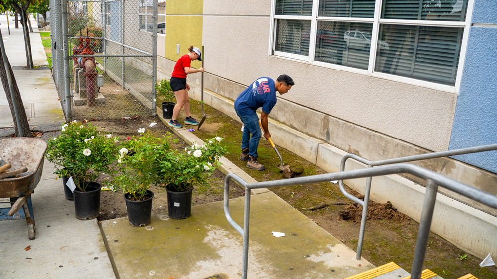 Two people with shovels work on a flower bed outside a school.