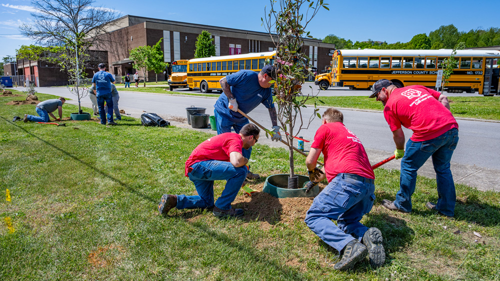 Employee volunteers work together outdoors to plant trees during a community service event.