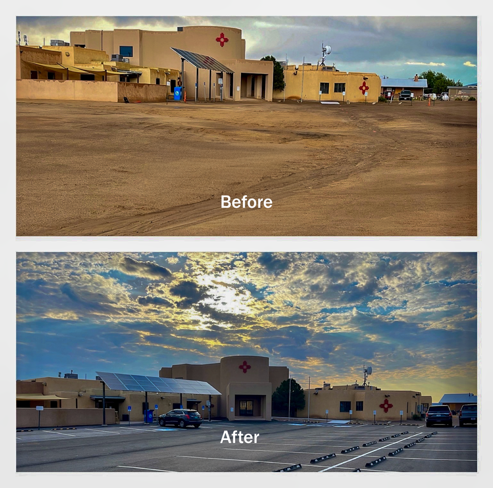  Images of a dirt parking lot before and after it was paved.
