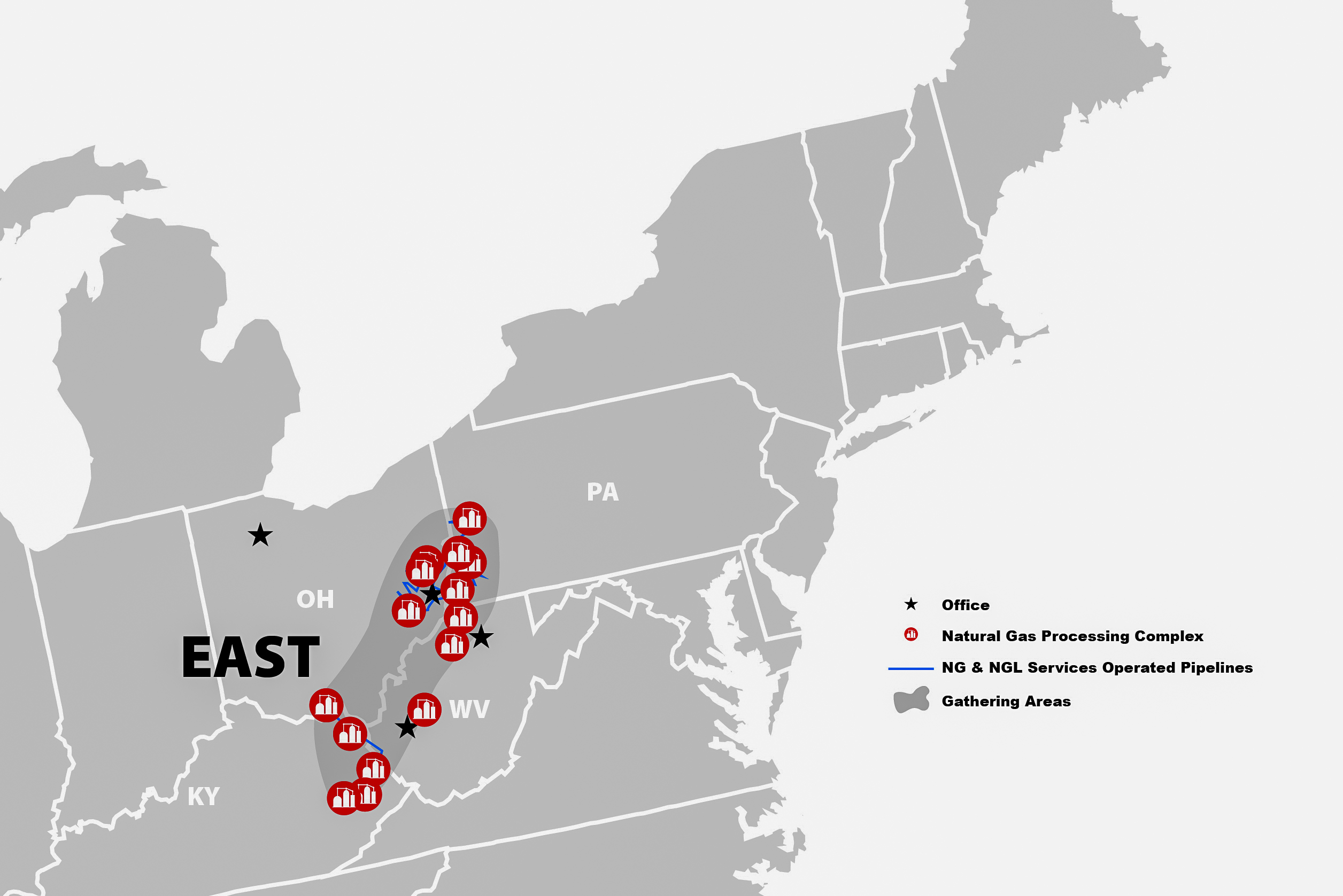 A map that shows the locations of facilities in the northeastern U.S.